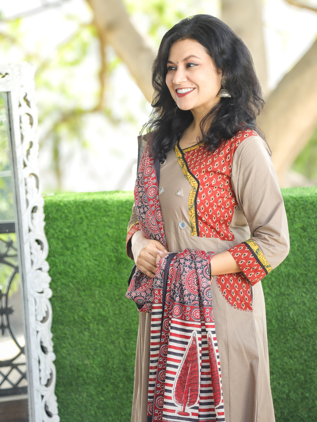 Sharvari Tan Hazel Ajrak with Mirror Angrakha Style Anarkali Cotton 3 Piece with Pocket