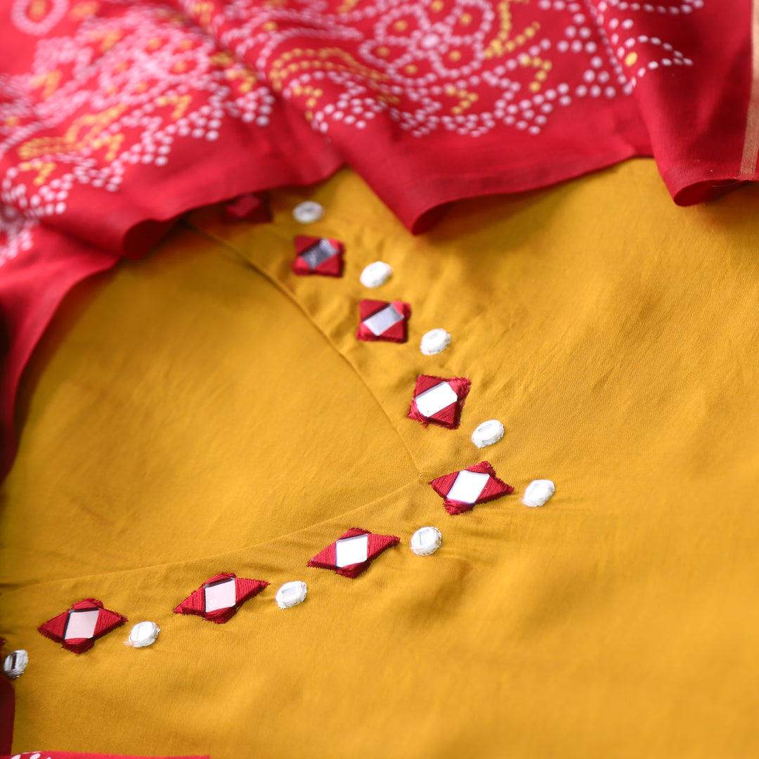 Paaki Sunflower Yellow Mirror Work V Neck Roman Silk Suit Set