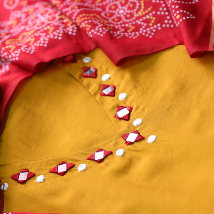 Paaki Sunflower Yellow Mirror Work V Neck Roman Silk Suit Set