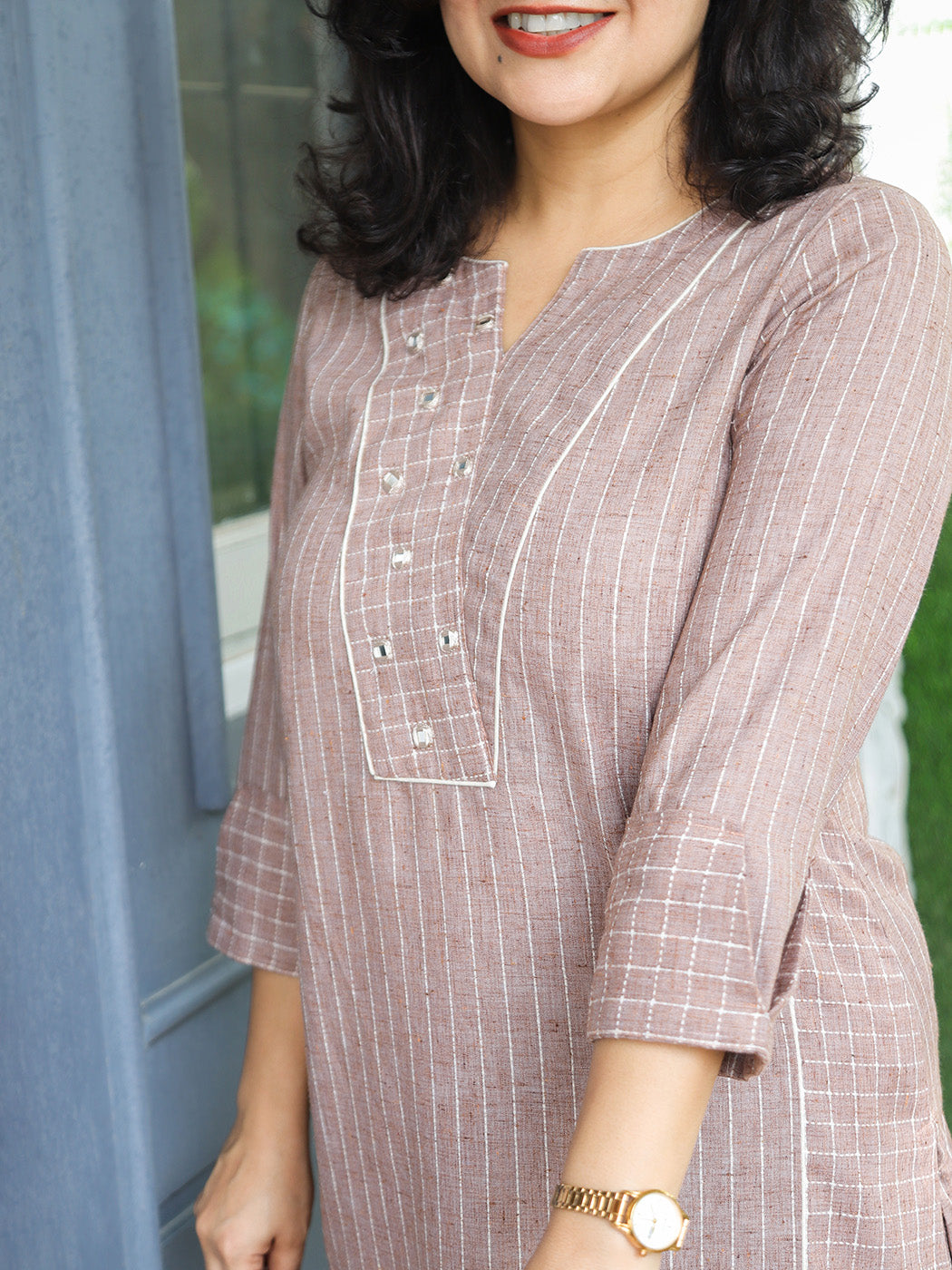 Reet Sand Beige Mirror Work Panel Style Linen Co-ord Set
