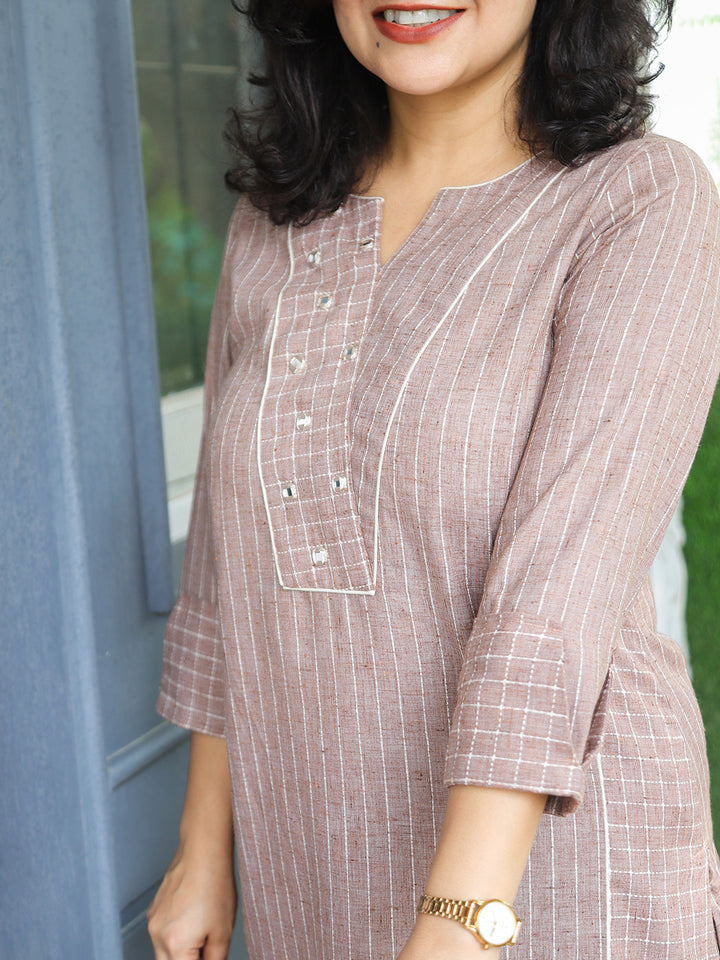 Reet Sand Beige Mirror Work Panel Style Linen Co-ord Set