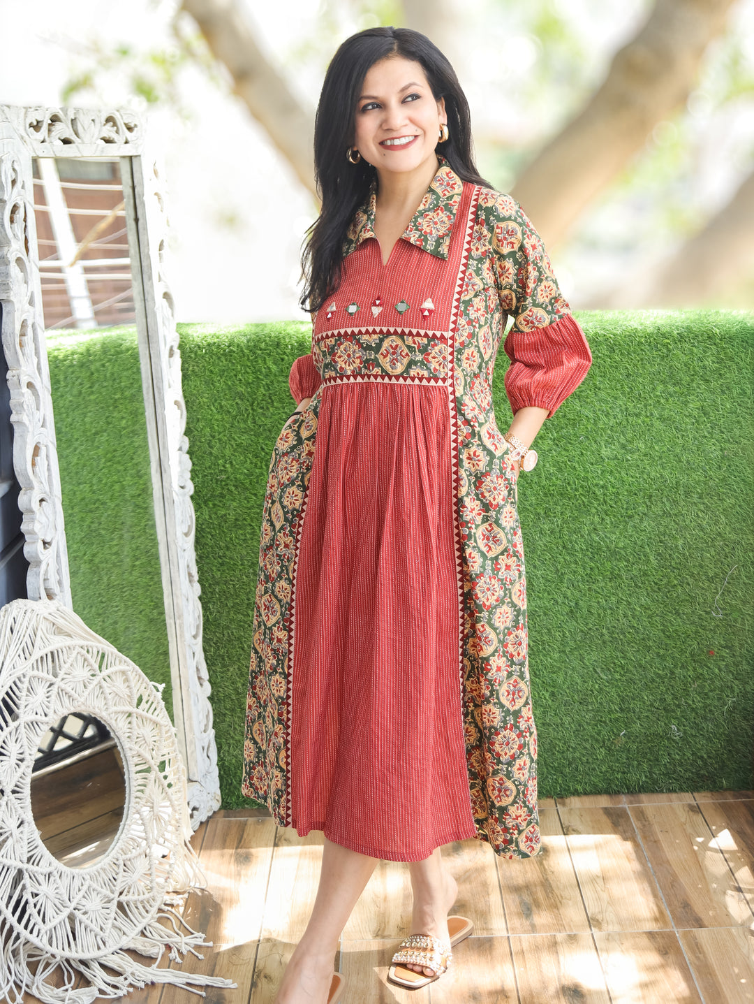 Joe Barn Red Mirror Work Kalamkari Cotton Dress