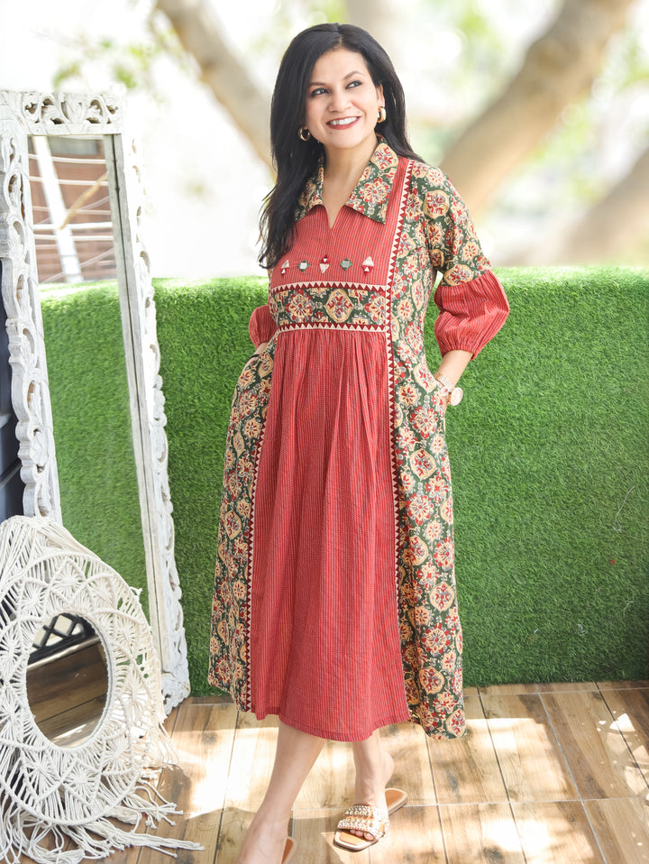 Joe Barn Red Mirror Work Kalamkari Cotton Dress