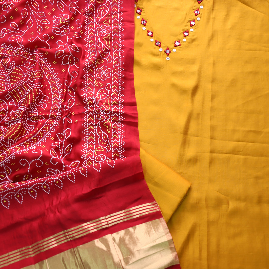 Paaki Sunflower Yellow Mirror Work V Neck Roman Silk Suit Set
