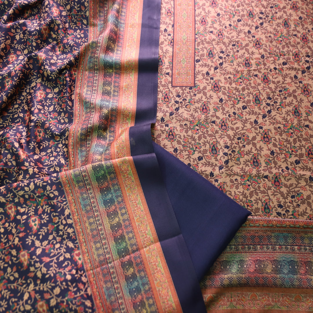 कल्याणी Beige with Blue All Over Kanni Floral Printed Semi Pashmina Winter Set
