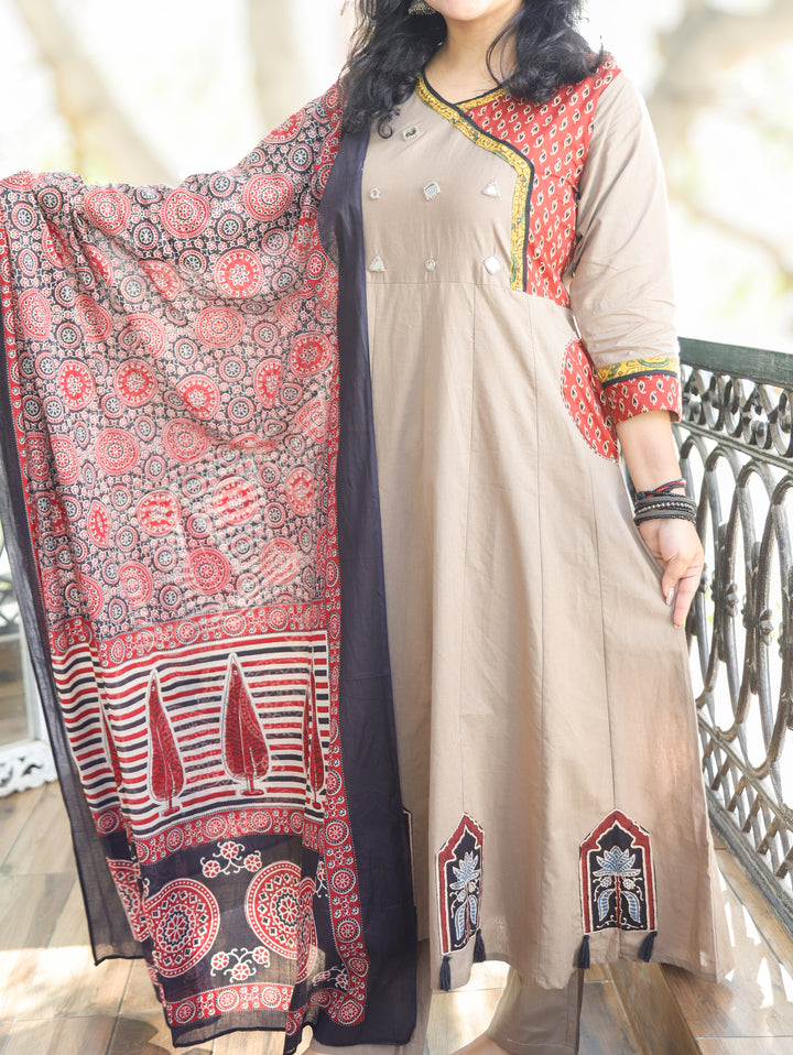 Sharvari Tan Hazel Ajrak with Mirror Angrakha Style Anarkali Cotton 3 Piece with Pocket