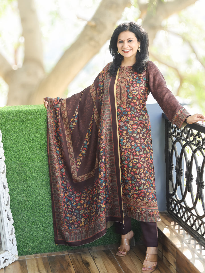 Saawari Chocolate Brown Round Neck Kanni Print Semi Pashmina 3 Piece Set