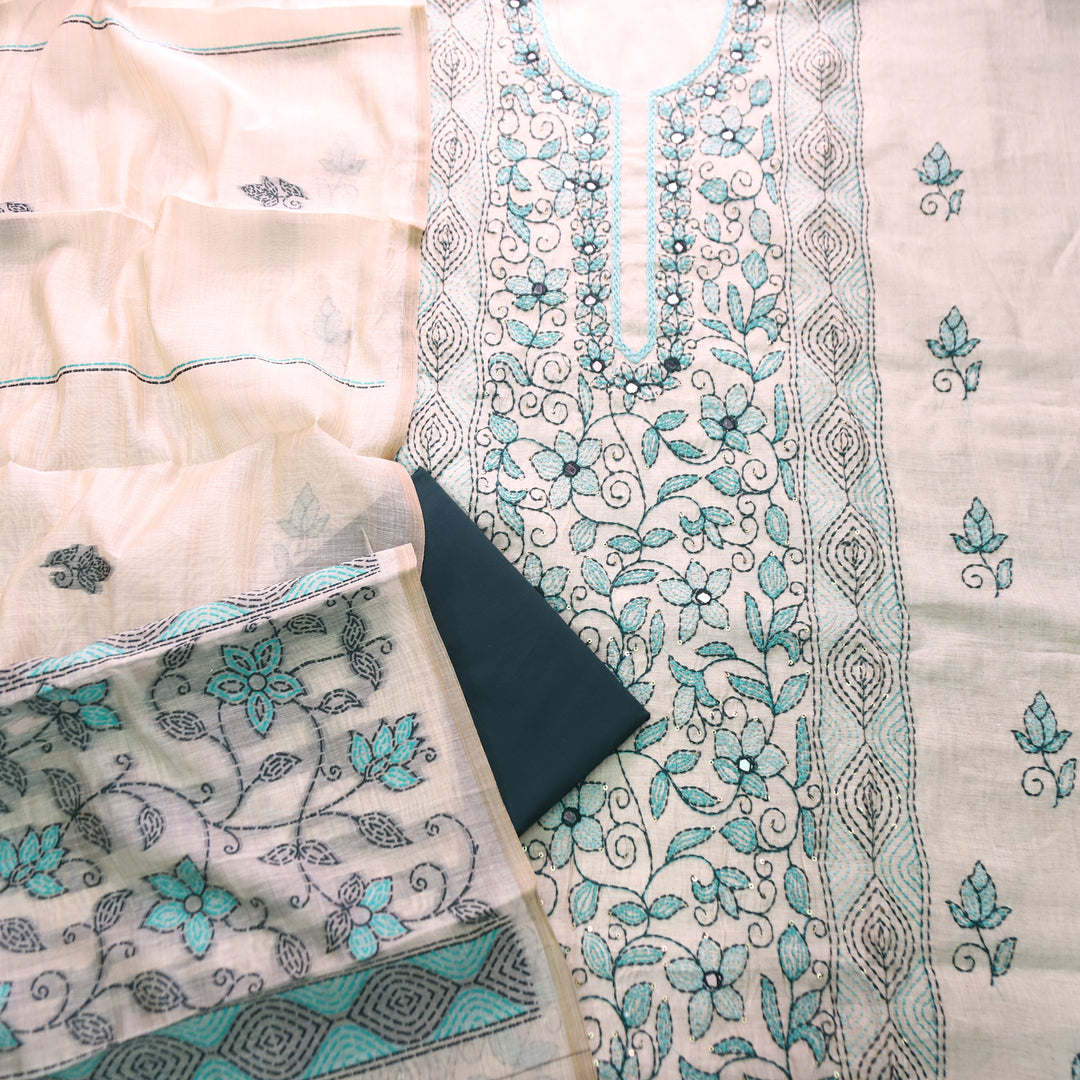 Avantika Beige with Green Kolkata Hand Panel Embroidered Chanderi Set