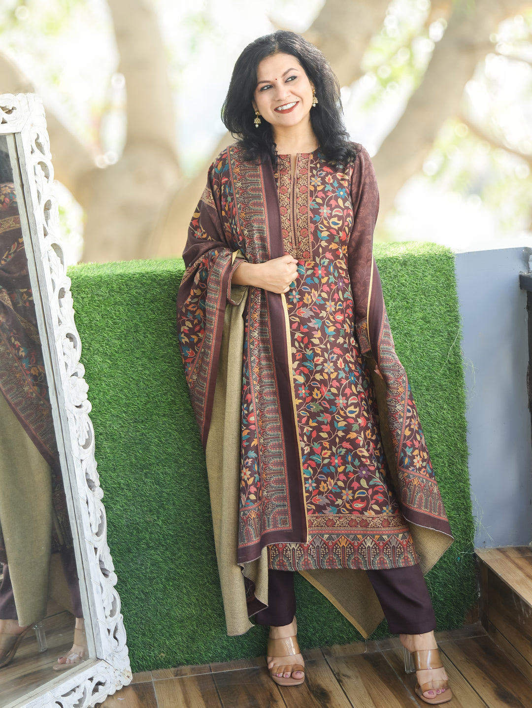 Saawari Chocolate Brown Round Neck Kanni Print Semi Pashmina 3 Piece Set