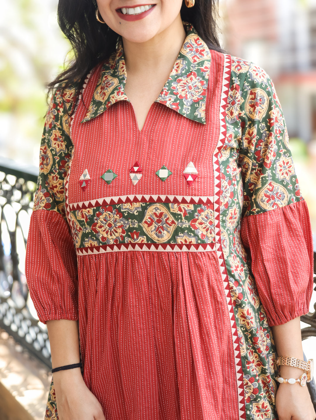 Joe Barn Red Mirror Work Kalamkari Cotton Dress