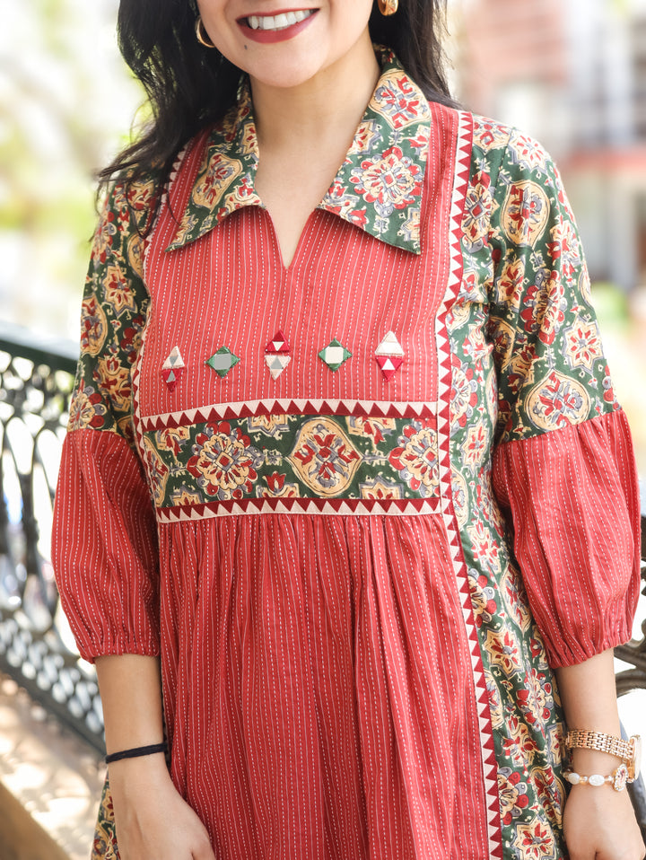 Joe Barn Red Mirror Work Kalamkari Cotton Dress