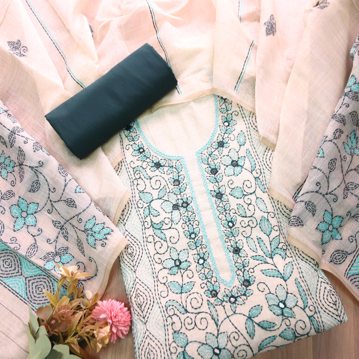 Avantika Beige with Green Kolkata Hand Panel Embroidered Chanderi Set