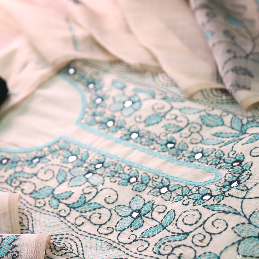 Avantika Beige with Green Kolkata Hand Panel Embroidered Chanderi Set