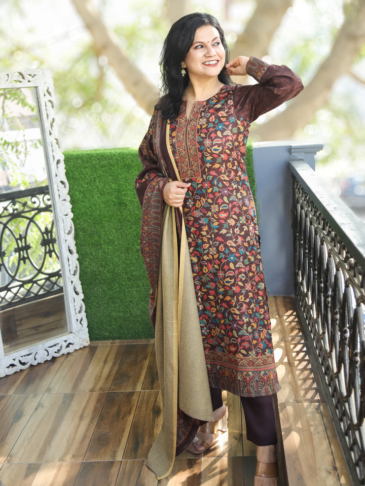 Saawari Chocolate Brown Round Neck Kanni Print Semi Pashmina 3 Piece Set