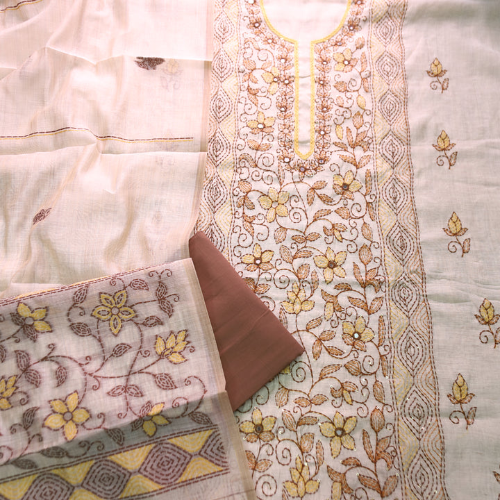 Avantika Beige with Brown Kolkata Hand Panel Embroidered Chanderi Set