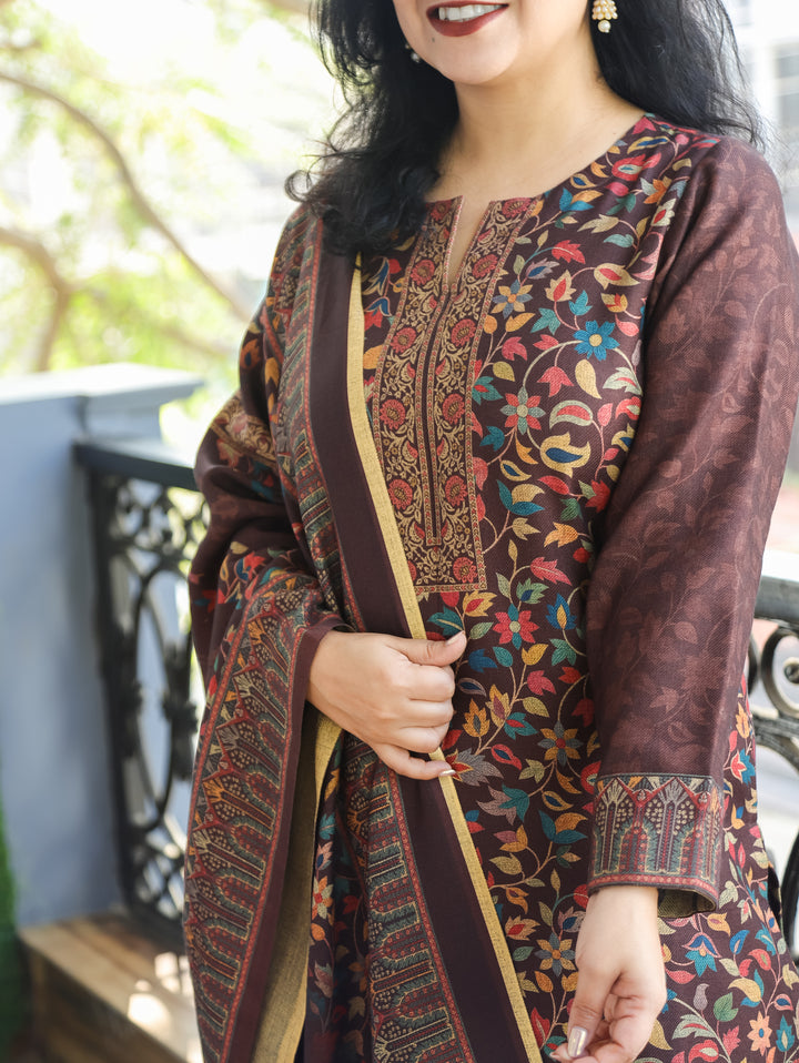 Saawari Chocolate Brown Round Neck Kanni Print Semi Pashmina 3 Piece Set