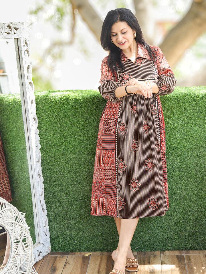Joe Faded Black Ajrak Printed Cotton Dress