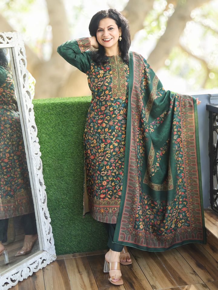 Saawari Dark Green Round Neck Kanni Print Semi Pashmina 3 Piece Set