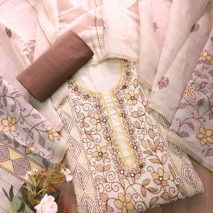 Avantika Beige with Brown Kolkata Hand Panel Embroidered Chanderi Set