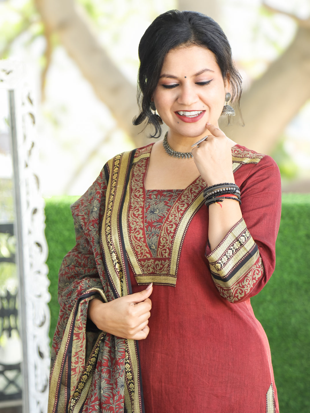 Mahira Barn Red V Neck with Mangalgiri Patch South Cotton 3 Piece Set