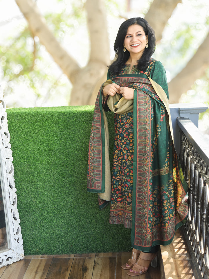 Saawari Dark Green Round Neck Kanni Print Semi Pashmina 3 Piece Set