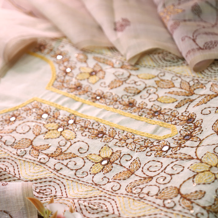 Avantika Beige with Brown Kolkata Hand Panel Embroidered Chanderi Set