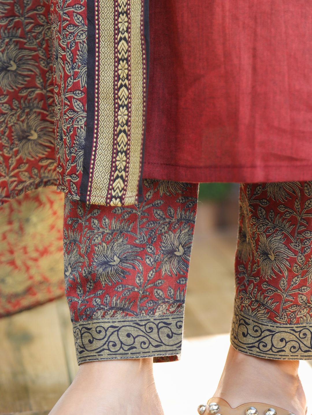 Mahira Barn Red V Neck with Mangalgiri Patch South Cotton 3 Piece Set