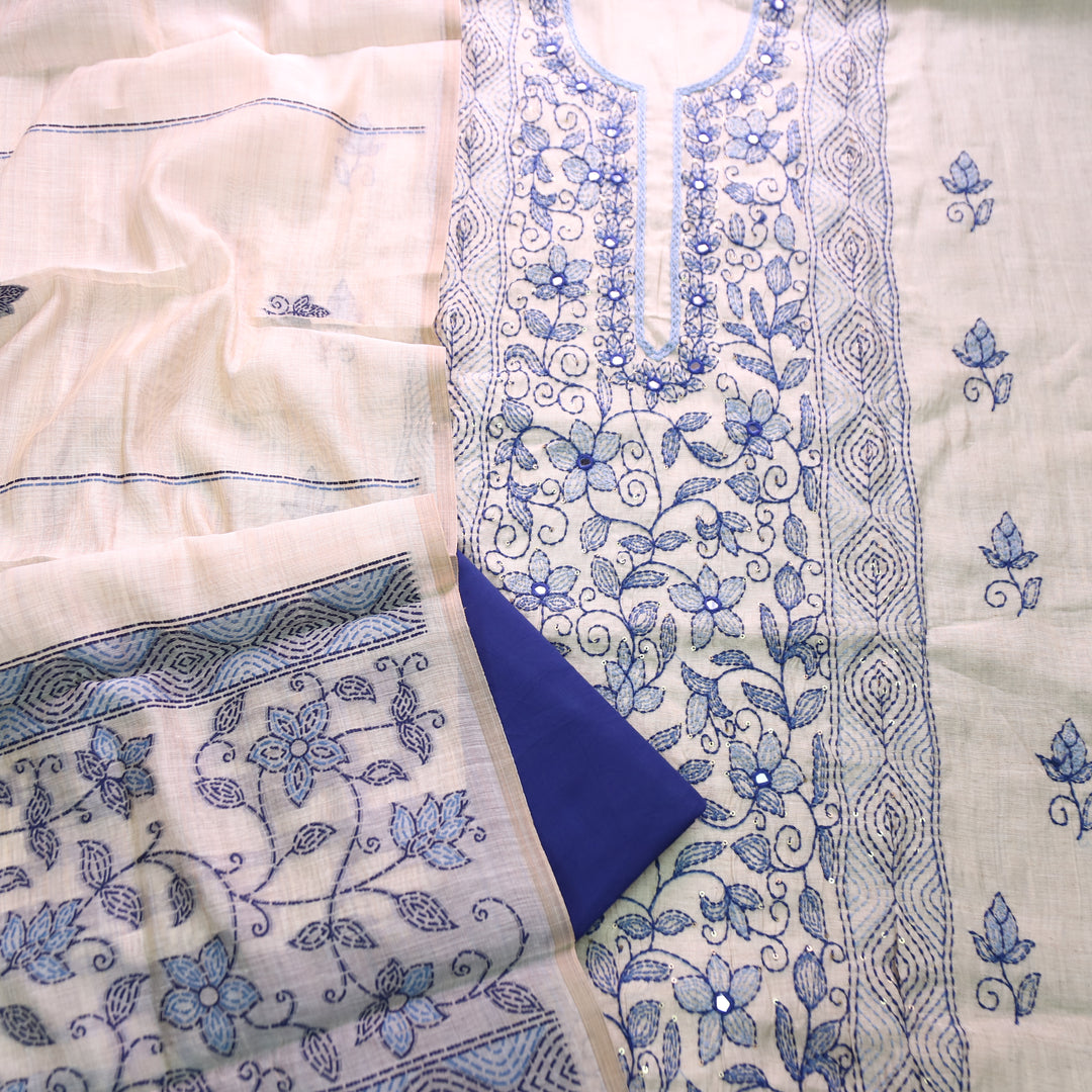 Avantika Beige with Blue Kolkata Hand Panel Embroidered Chanderi Set
