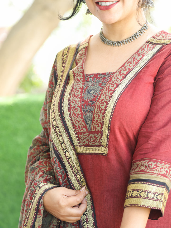 Mahira Barn Red V Neck with Mangalgiri Patch South Cotton 3 Piece Set
