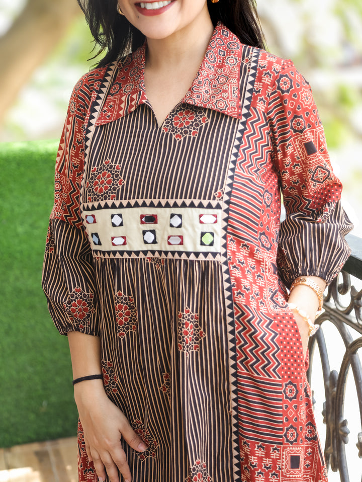 Joe Faded Black Ajrak Printed Cotton Dress