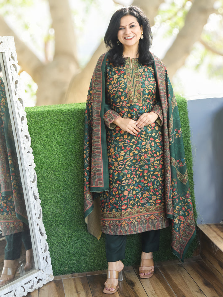 Saawari Dark Green Round Neck Kanni Print Semi Pashmina 3 Piece Set