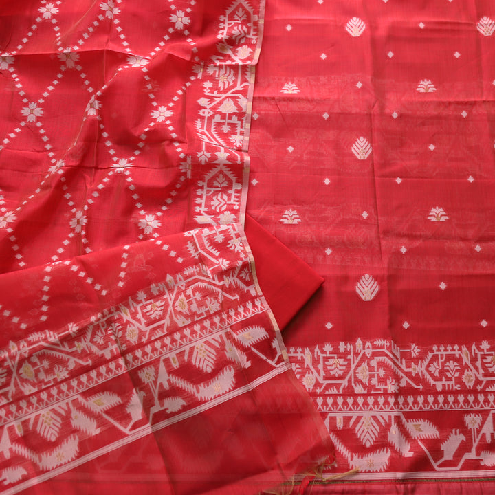 Tejasvi Cherry Red Authentic Jamdani Weaved Detailing Suit Set