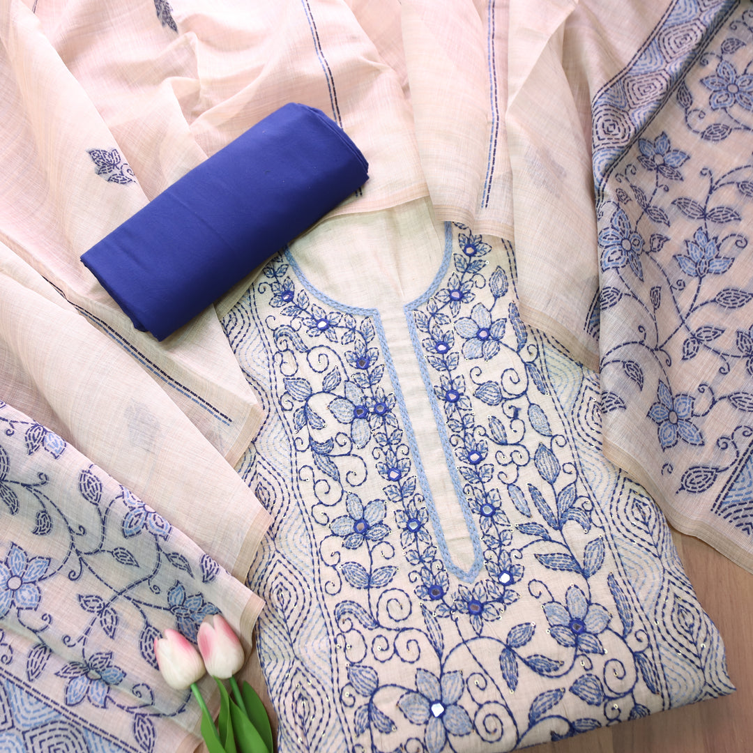 Avantika Beige with Blue Kolkata Hand Panel Embroidered Chanderi Set