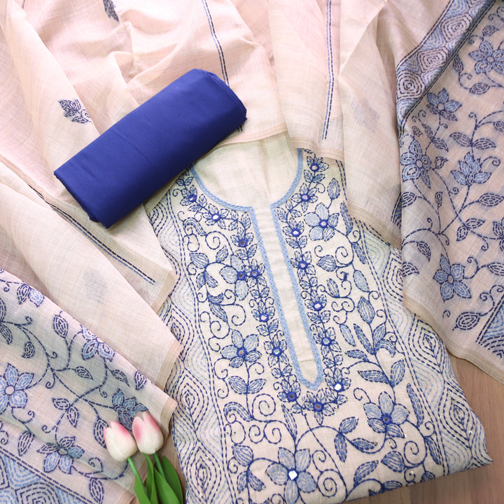 Avantika Beige with Blue Kolkata Hand Panel Embroidered Chanderi Set