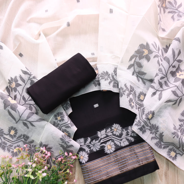 Jannat Ebony Black Floral Authentic Jamdani Top and Dupatta Suit Set