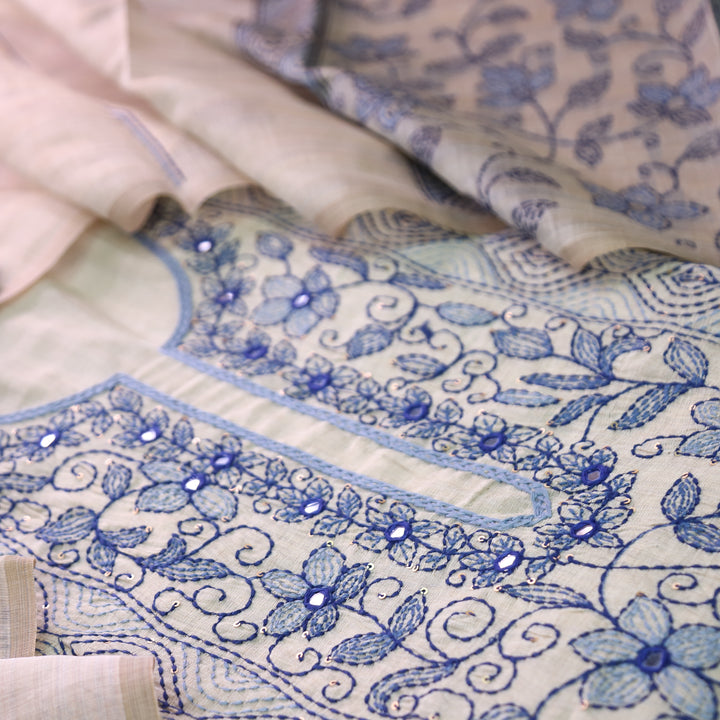 Avantika Beige with Blue Kolkata Hand Panel Embroidered Chanderi Set
