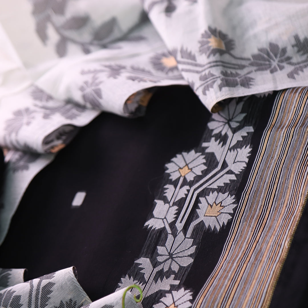 Jannat Ebony Black Floral Authentic Jamdani Top and Dupatta Suit Set