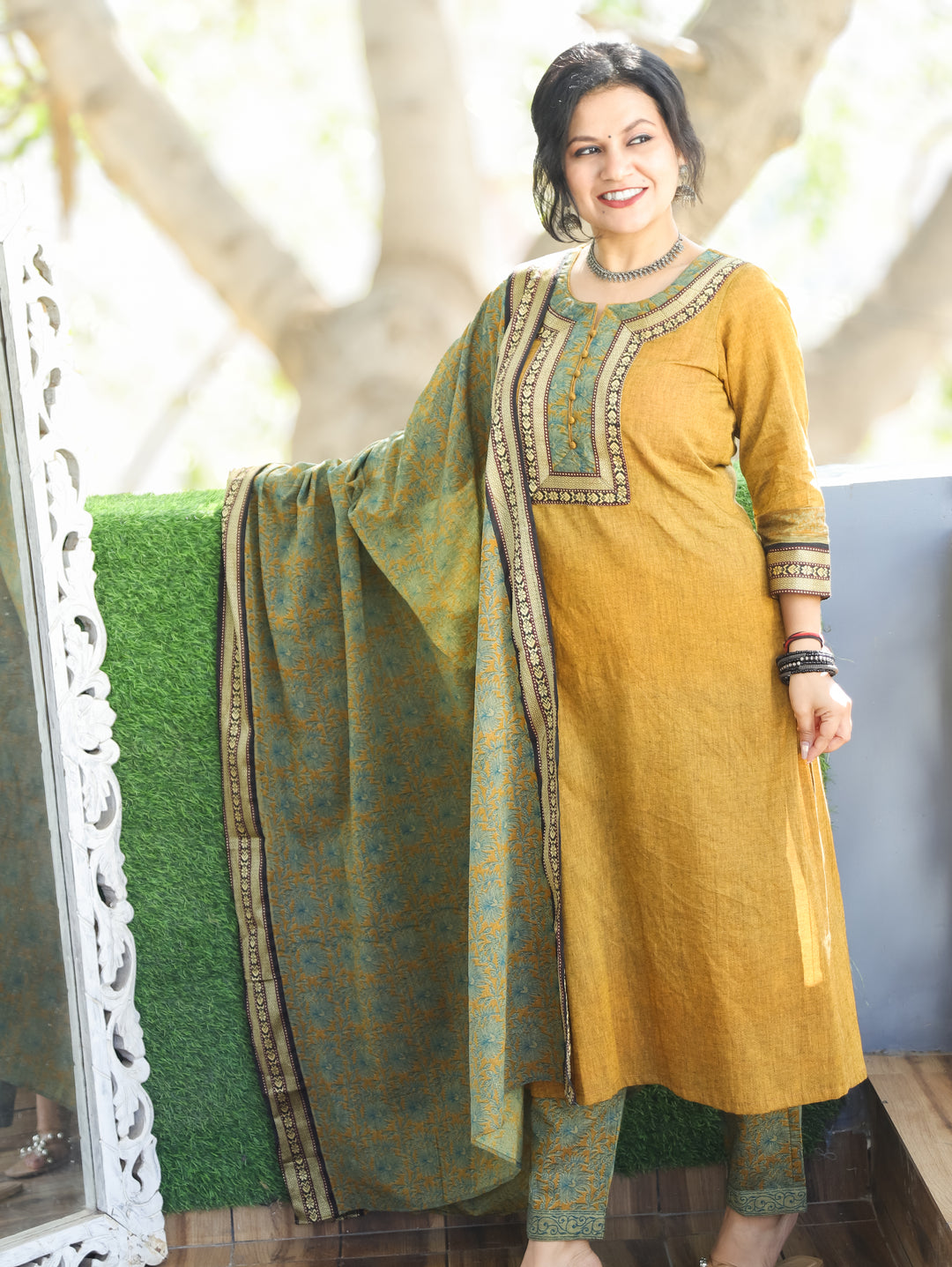 Saaniya Dijon Yellow Round Neck Potli Button Mangalgiri Patch South Cotton 3 Piece Set