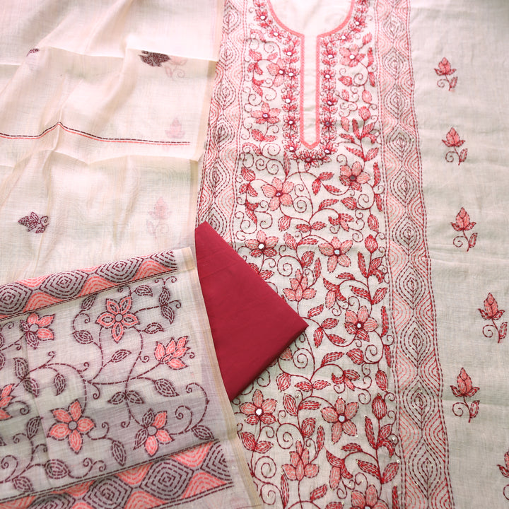 Avantika Beige with Red Kolkata Hand Panel Embroidered Chanderi Set