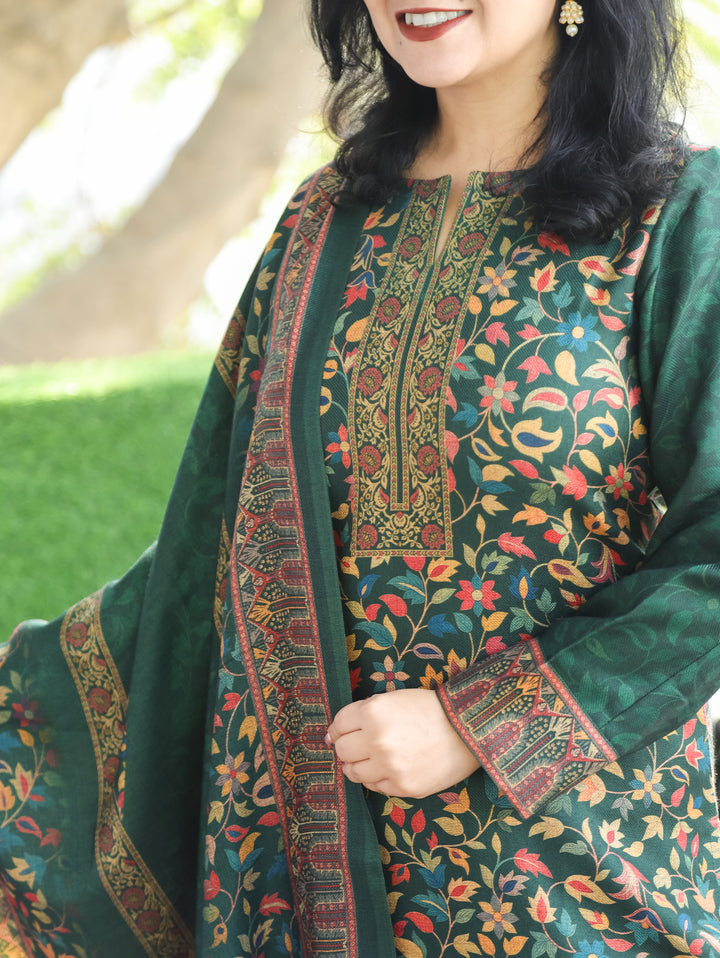Saawari Dark Green Round Neck Kanni Print Semi Pashmina 3 Piece Set
