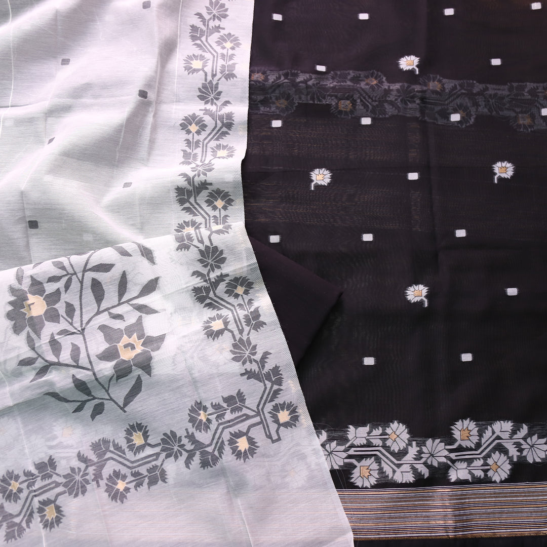 Jannat Ebony Black Floral Authentic Jamdani Top and Dupatta Suit Set