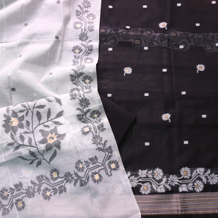 Jannat Ebony Black Floral Authentic Jamdani Top and Dupatta Suit Set
