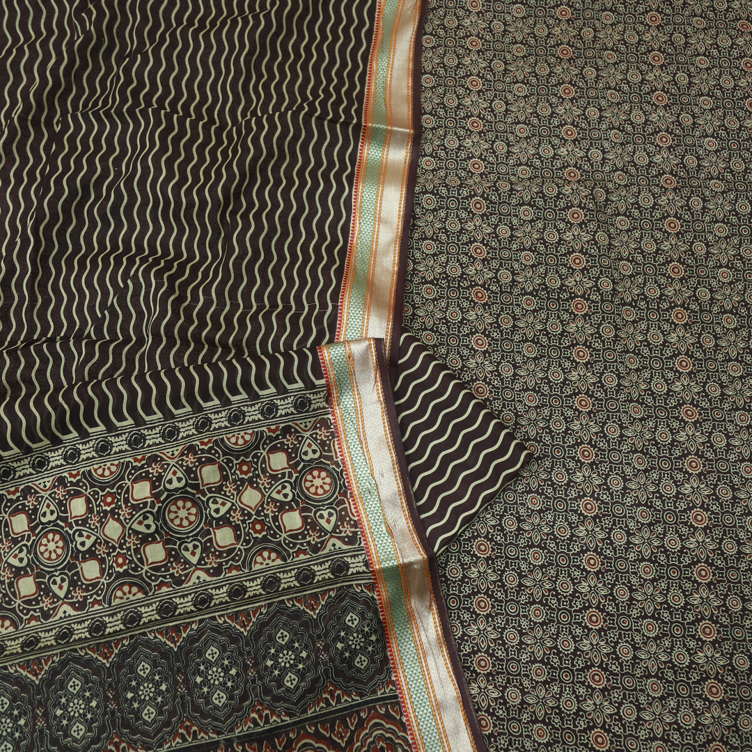 दिपशा Choco Brown Ajrak Printed Mangalgiri Hem Work Cotton Suit Set
