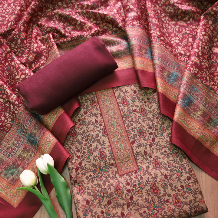 कल्याणी Beige with Maroon All Over Kanni Floral Printed Semi Pashmina Winter Set