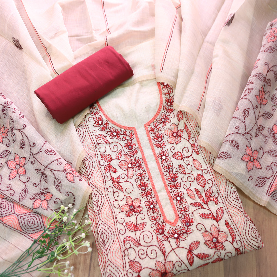 Avantika Beige with Red Kolkata Hand Panel Embroidered Chanderi Set
