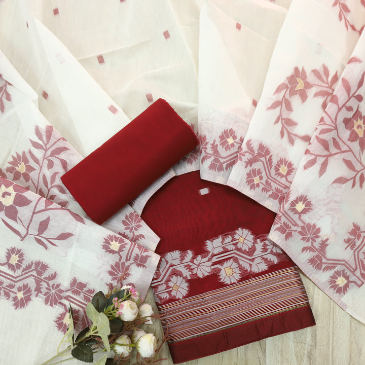 Jannat Cherry Red Floral Authentic Jamdani Top and Dupatta Suit Set