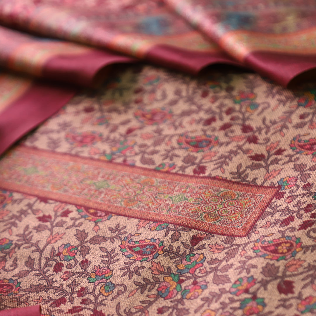 कल्याणी Beige with Maroon All Over Kanni Floral Printed Semi Pashmina Winter Set