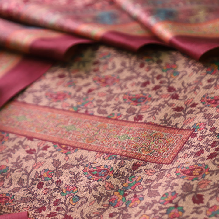 कल्याणी Beige with Maroon All Over Kanni Floral Printed Semi Pashmina Winter Set