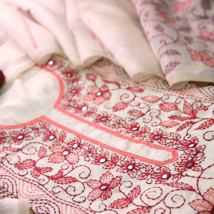 Avantika Beige with Red Kolkata Hand Panel Embroidered Chanderi Set