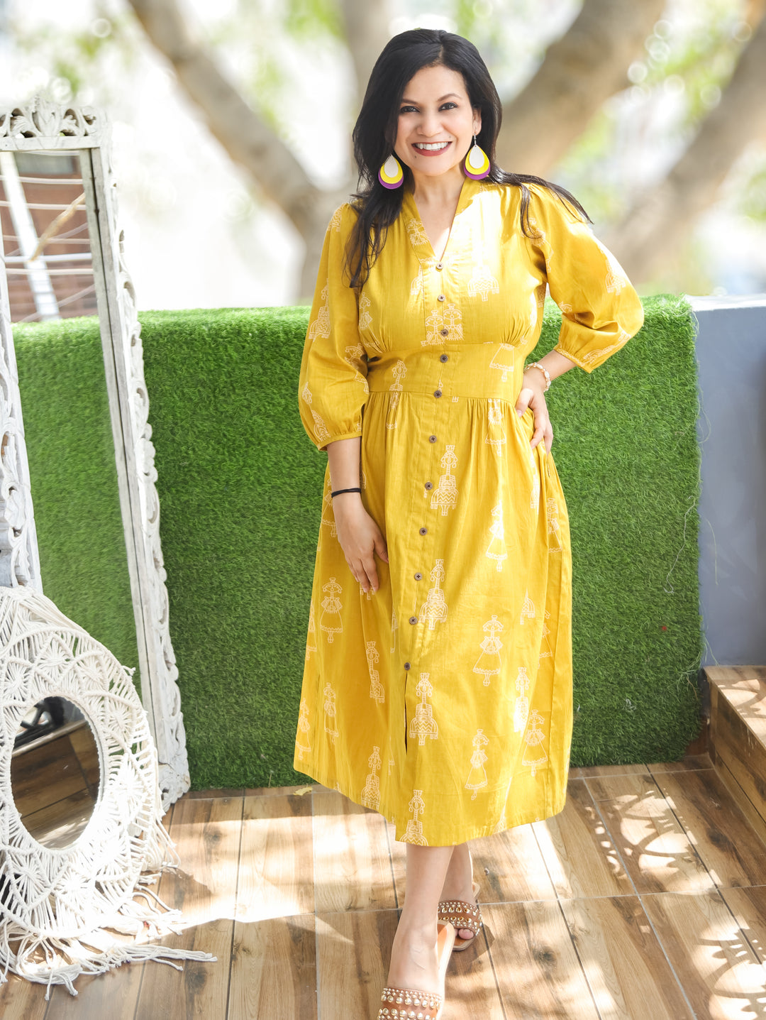 Joe Mustard Yellow Doll Print Cotton Dress